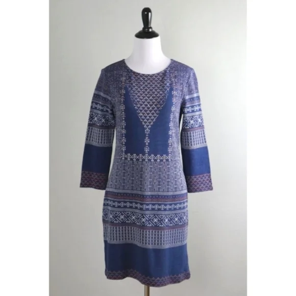Like New BCBGMAXAZRIA Blue Purple Mini Dress Geo Print Long Sleeve Size Small - Picture 1 of 10